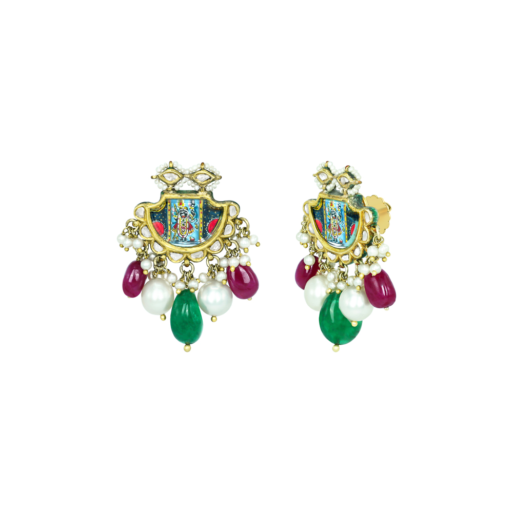 Shreenathji Pichwai Studs with Polkis, Rubies, and Pearls